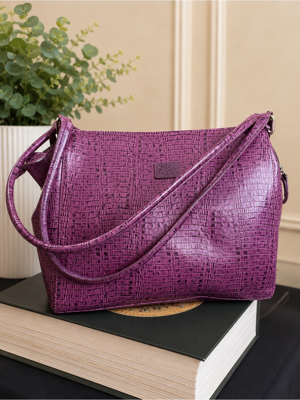 Purple Leather Croc-Embossed Shoulder Bag
